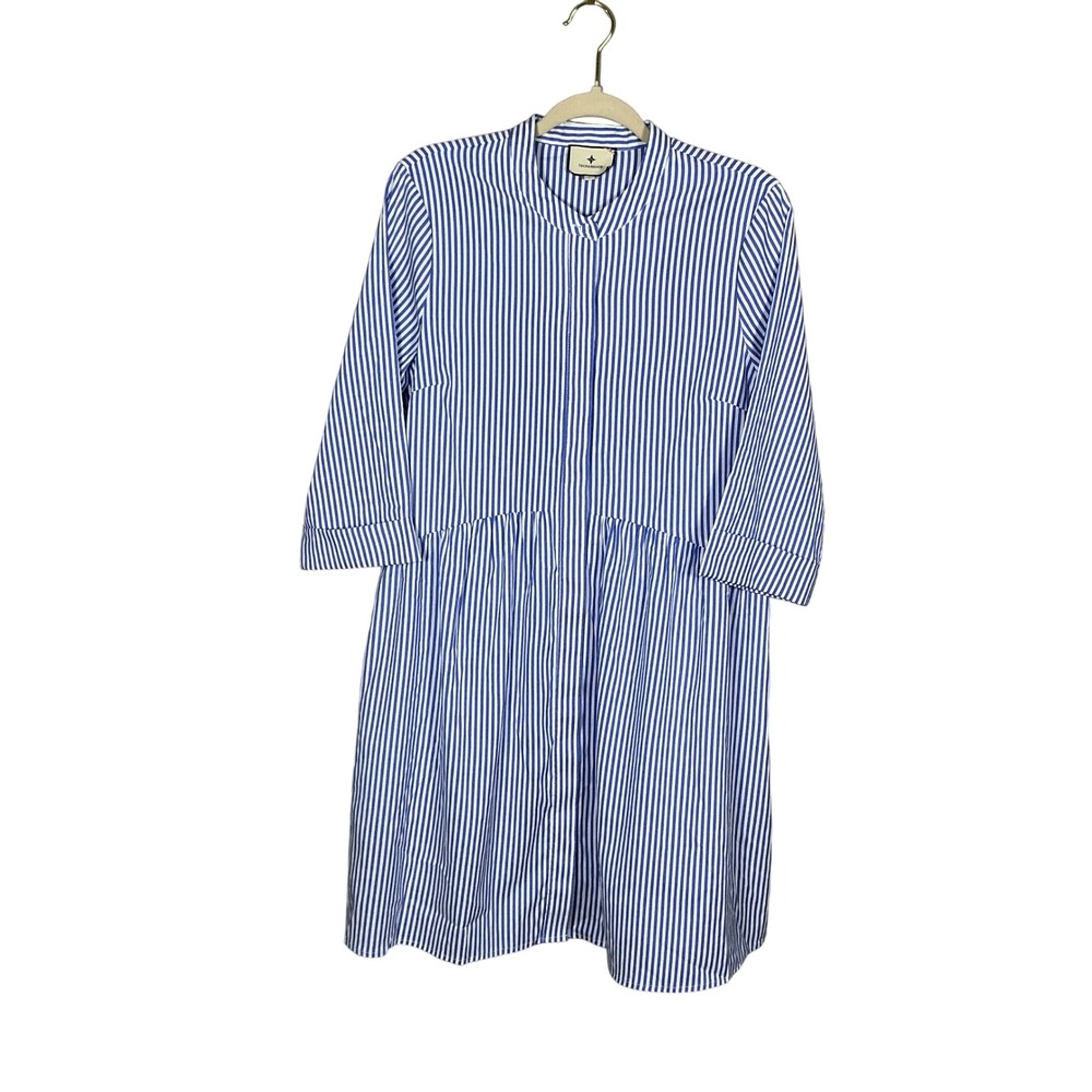 Tuckernuck Royal Blue White Striped Royal Shirt Dress Mandarin Collar Size L